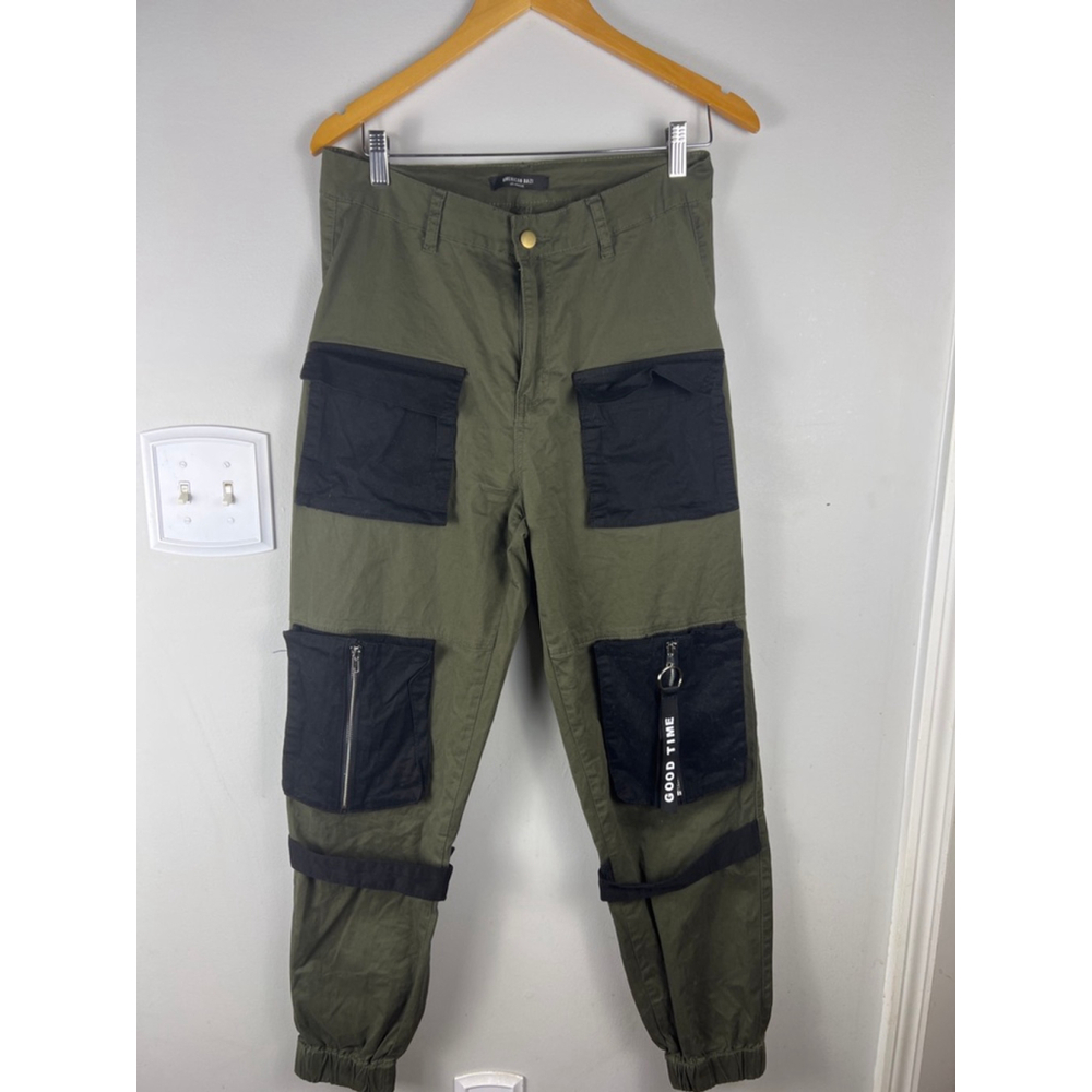 American Bazi Cargo Jogger Pants Women’s Large Olive Green Black Utility Street